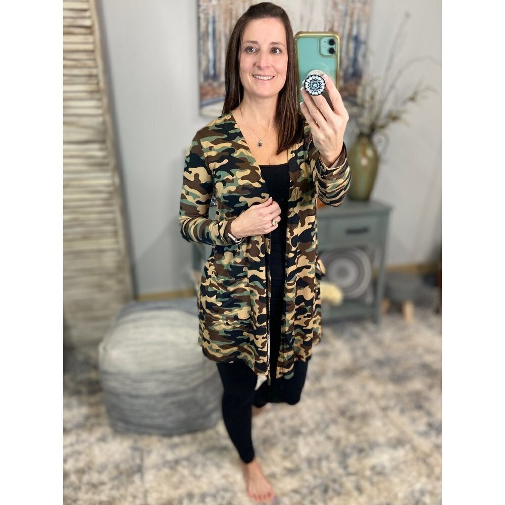 Open Long Cardigan Pocket Asymmetrical Light Open Front Camouflage 0122